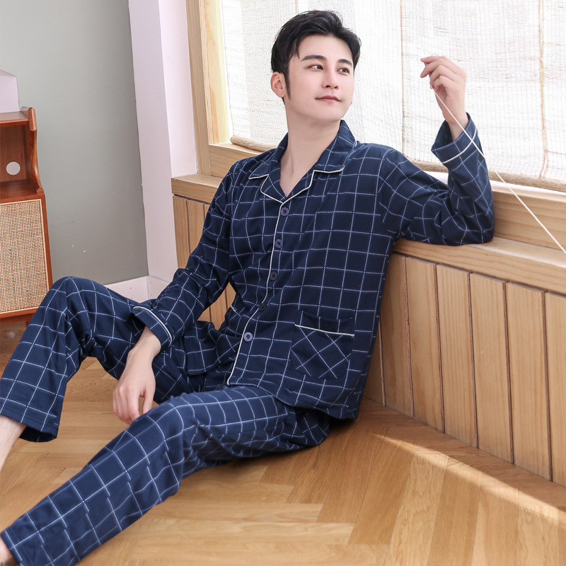 Pijamas hombres de manga larga 100% algodón primavera y otoño pijamas de algodón de los hombres traje de invierno homewear