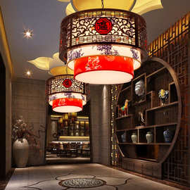 中式仿古木艺吊灯实木餐厅茶馆茶楼酒店大厅灯羊皮古典复古工程灯