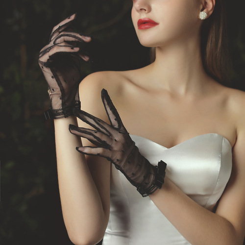 New bridal wedding dress gloves stretch satin simple photo black and white bow gloves