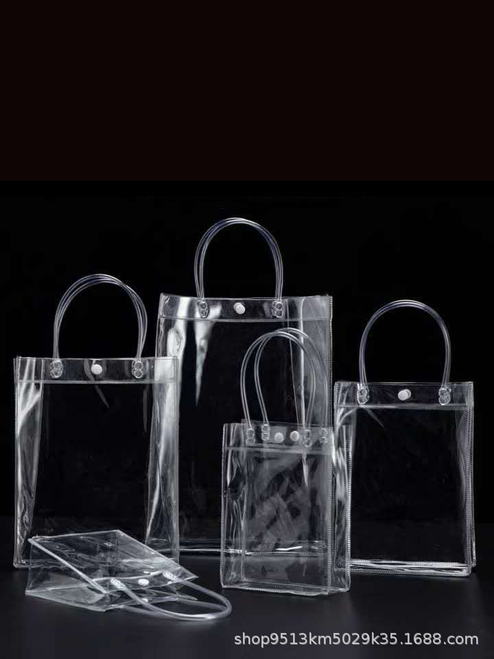 Bolsa de mano transparente de PVC, bolsa de regalo de plástico en stock, bolsa de embalaje de regalo portátil, bolsa de transporte con logo.