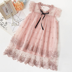 跨境新款 夏款童裝可愛公主風兒童連衣裙刺繡網紗蓬蓬裙一件代發