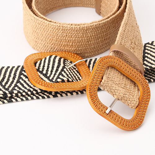 Women's imitation straw wide simple versatile round buckle belt Mori women's cotton and linen elastic woven elastic skirt decorative belt
