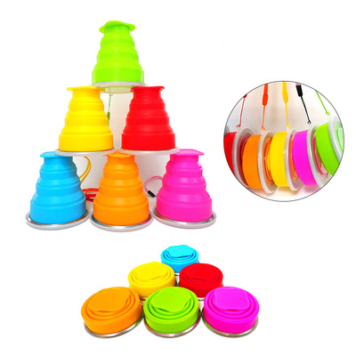 户外便携可折叠水杯创意水杯 伸缩杯 硅胶折叠杯带盖200ML