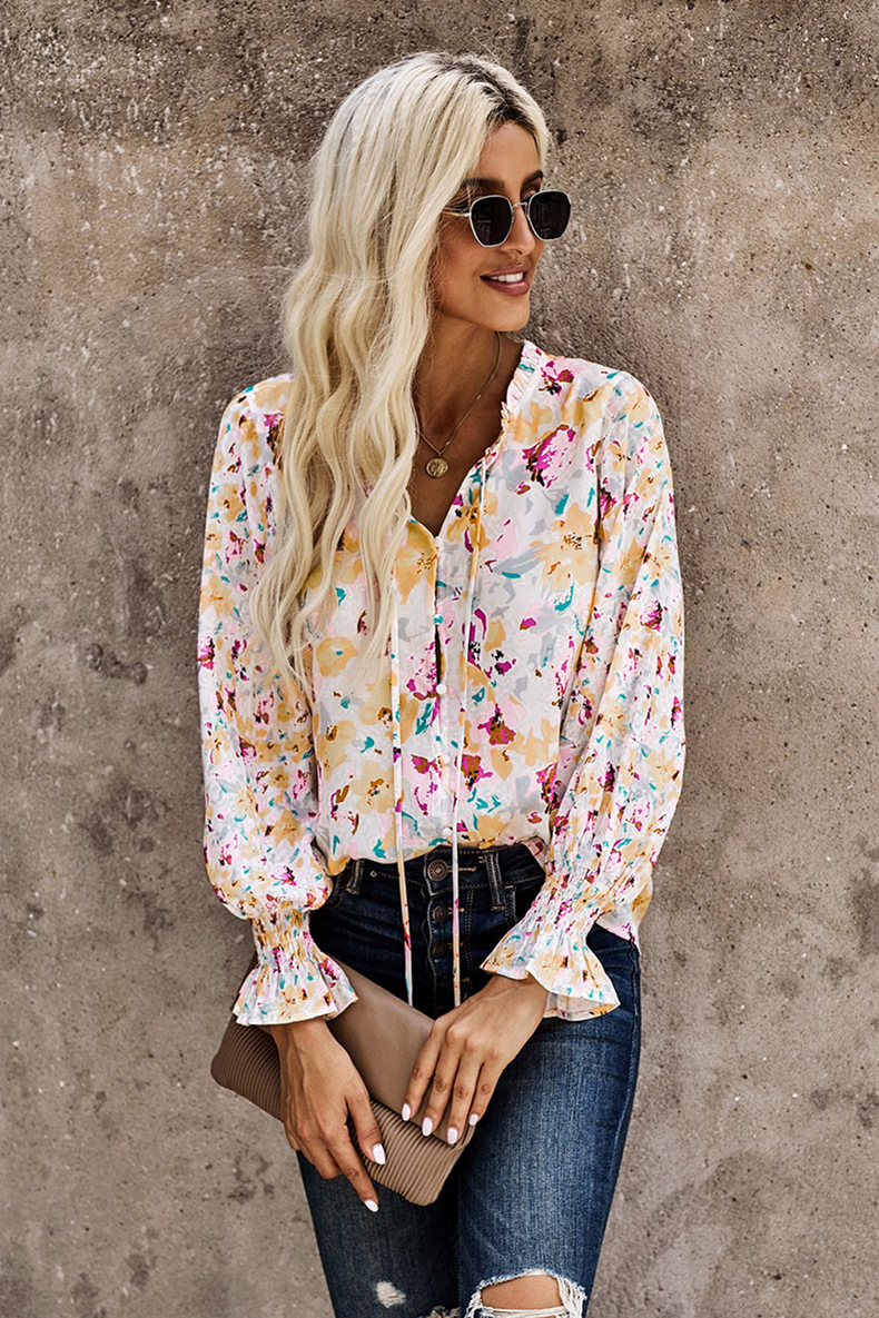 Autumn long-sleeved v-neck button floral chiffon top nihaostyles wholesale clothing NSQSY92647