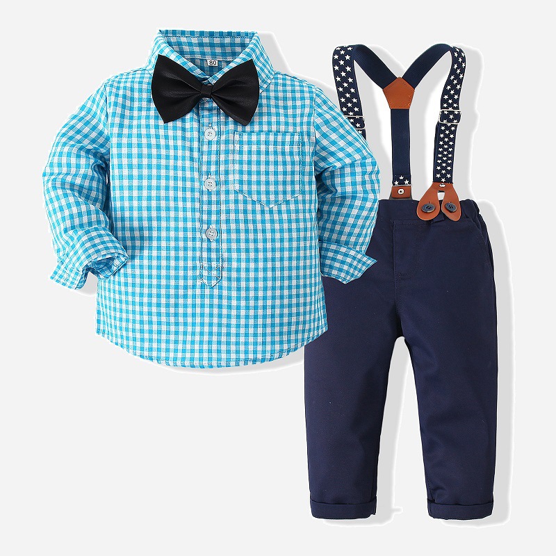 男童秋季绅士背带套装2021新款儿童长袖格子衬衫小童背带裤两件套