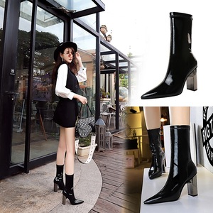 3128-13 European and American wind fashion boots bright paint of metal thick with show thin and sexy high-heeled pointed