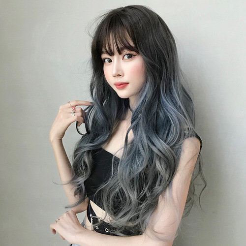 Wavy Hair Wigs Burst wig female long hair big wave gradient blue gray full head cover popular whole top hair cover