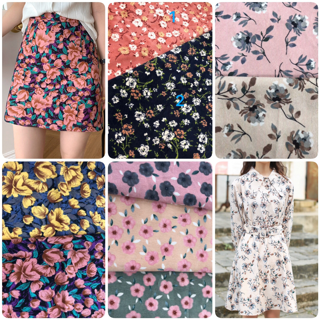 Spot 21pit 코듀로이 꽃무늬 마이크로 신축성 불투명 직물 패션 꽃무늬 아동복 및 여성 스커트