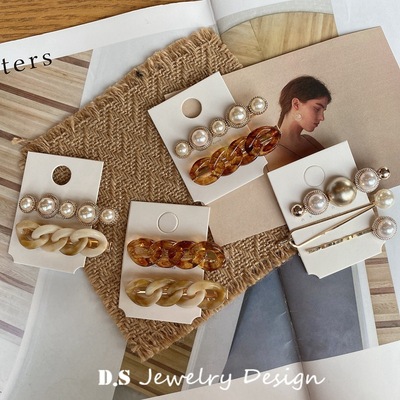 韩版ins复古东大门琥珀象牙珍珠链条压夹发夹套装组网红边夹发饰