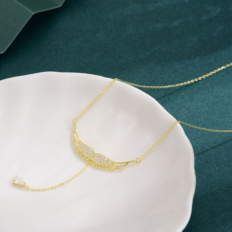 Korean version of Silver Angel Wings necklace, fashionable and exquisite tassel sparkling micro set zirconium pendant_voghion.com