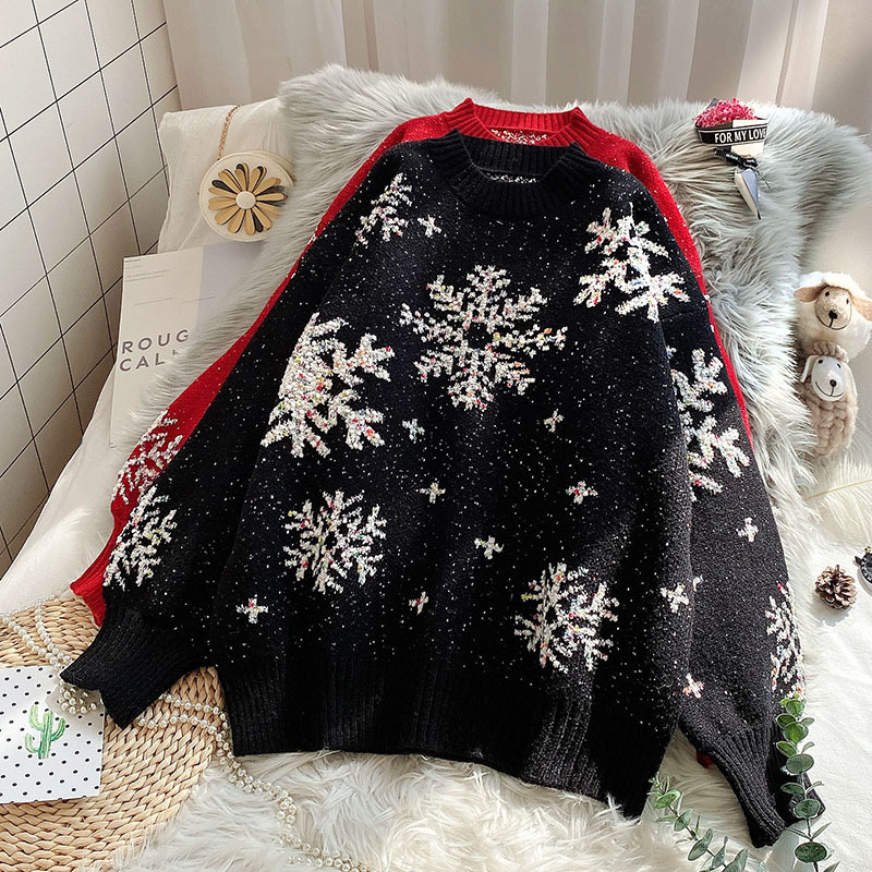 Women's Clothing Red Christmas loose sweater pullover female lazy style_voghion.com