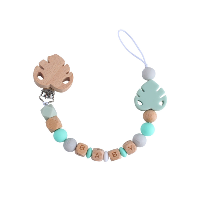 Nombre del bebé personalizable Cadena de chupete de hoja de silicona Bebé suministros de haya hoja chupete clip juguete mordedor