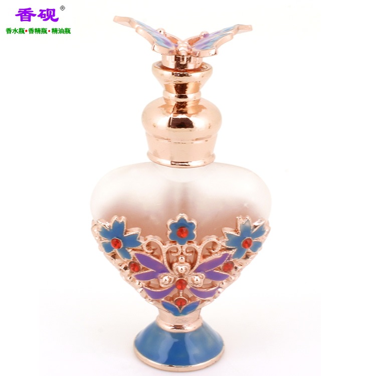 香砚定做款6ml三朵花湖蓝色底座心形贵夫人蝴蝶瓶盖摆件1.j