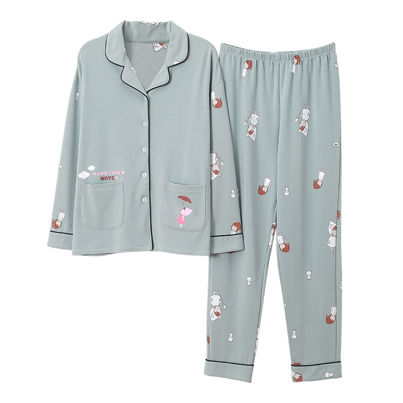 Cardigan de algodón para mujer Pijamas PRIMAVERA/otoño/invierno suelto 100% algodón de dibujos animados desgaste del hogar ocio traje de dos piezas