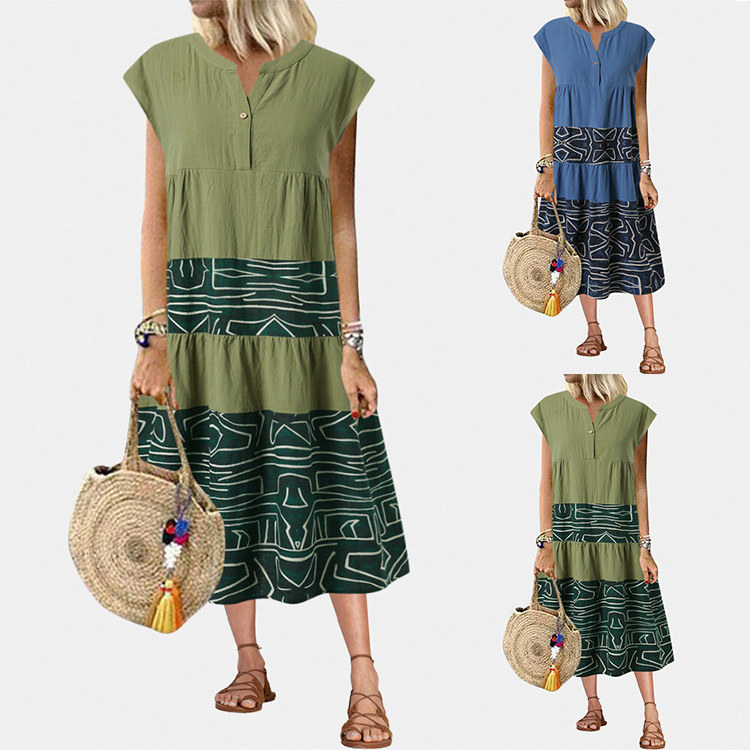 2020独立站wish新款欧美新款印花拼布无袖V领宽松复古连衣裙女装