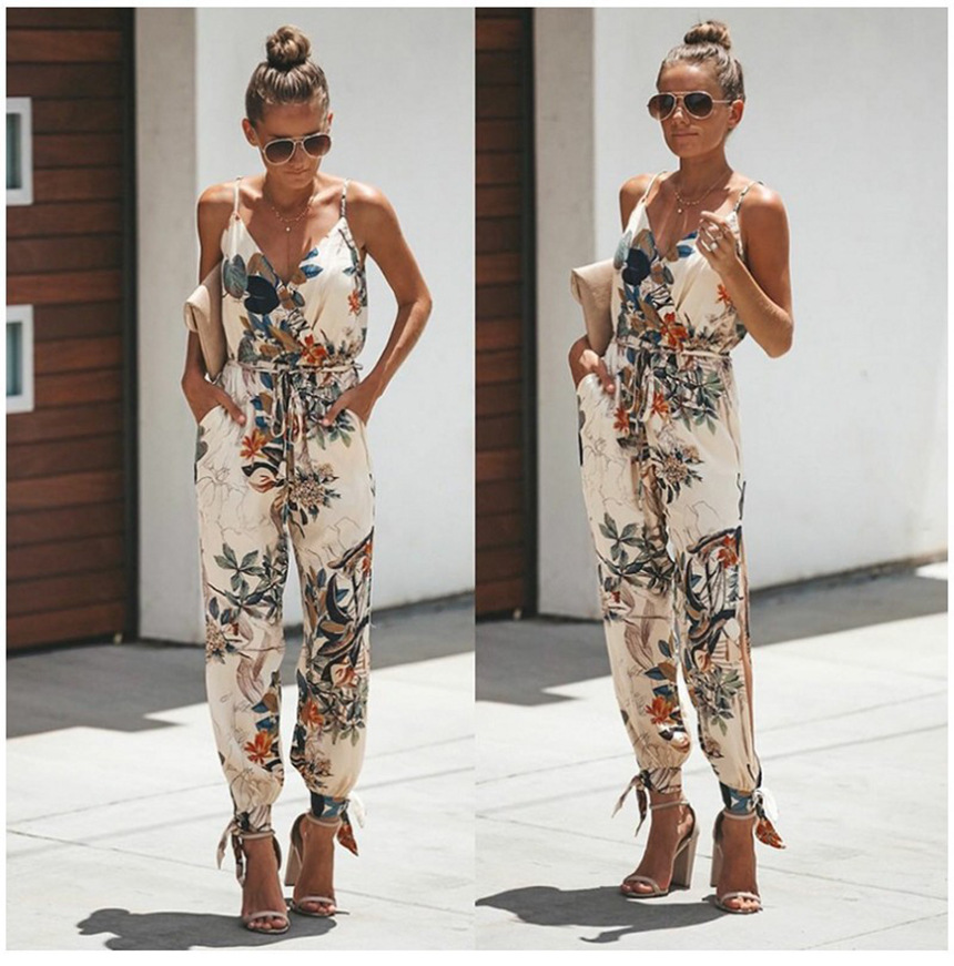 Sexy Backless Print Tied Spaghetti-Strap Cotton One-Piece Slit Pants Jumpsuit - Jumpsuits & Rompers - Uniqistic.com