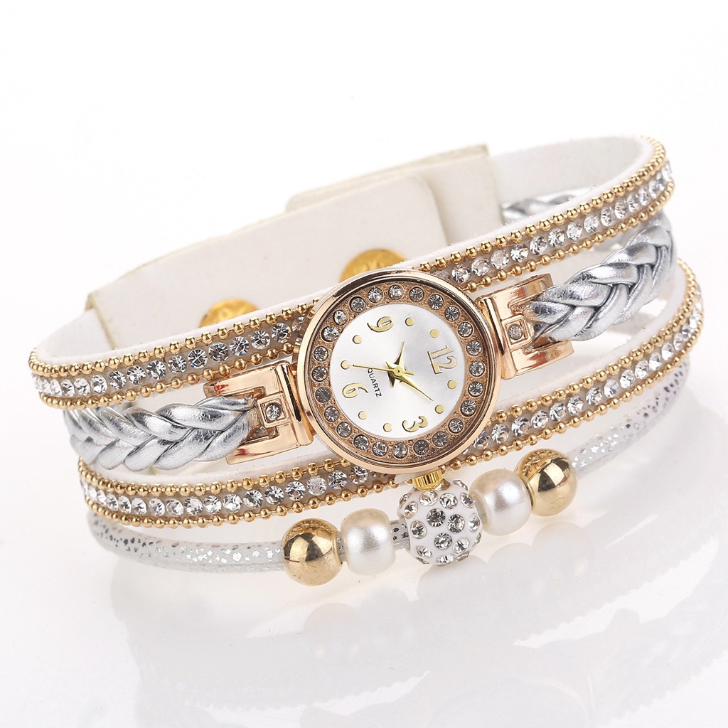 Fashion  Round Bracelet Diamond-studded Pearl Beaded Pu Belt Watch display picture 3