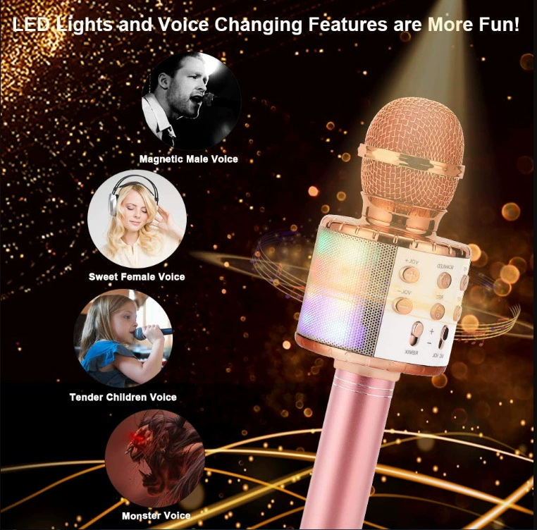 Wireless Karaoke Microphone Handheld Portable Speaker Home KTV Player with Dancing LED Lights Record Function for Kids Gifts