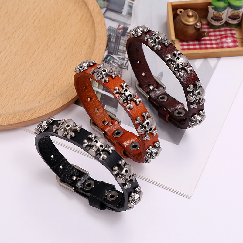 hot-selling skull punk style simple adjustable menu0027s cowhide bracelet wholesale nihaojewelry