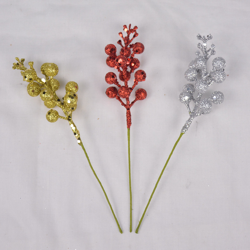 金粉仿真浆果枝 圣诞节装饰插花配件亚马逊货源家居节日摆设批发
