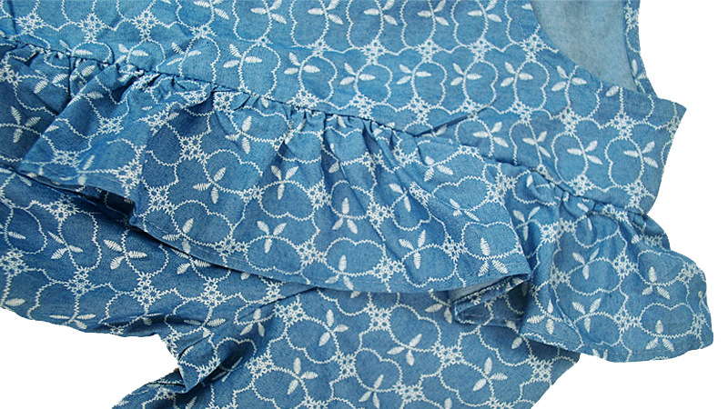 Half Sleeve Ruffled Detail Graphic Denim Blouse Wholesale Clothing Distributors