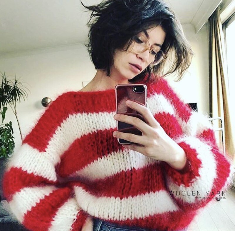 2024 Early Spring European and American Ins Lazy Style Pure Handmade Color Matching Two-Color Lantern Sleeve Sweater Pullover for Women Sweater