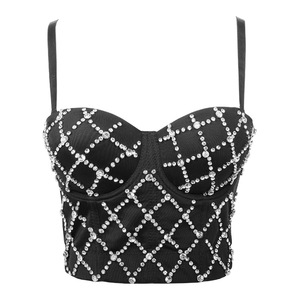 Women's Diamond bling jazz dance bra tops One button suspender vest women sexy top off shoulder trendy nail beads show dress with breast pad