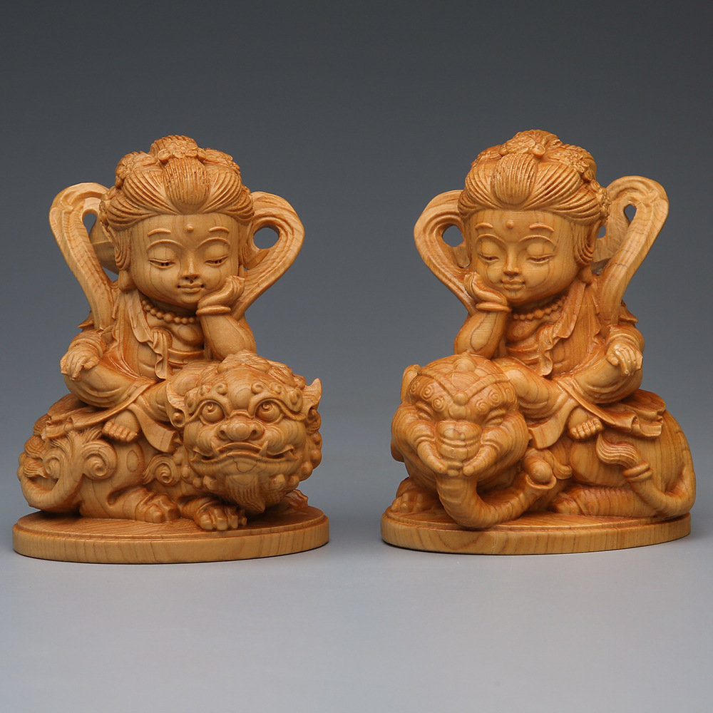 崖柏木雕普賢文殊大象普賢坐獅子擺件 本命年生肖實木佛像工藝品