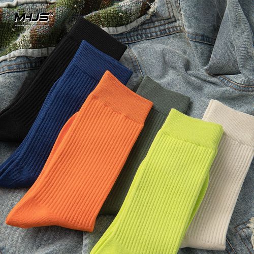 MHJS Japanese Harajuku style street fluorescent socks solid color mid-calf socks ins trendy men's and women's sports skateboard cotton stockings