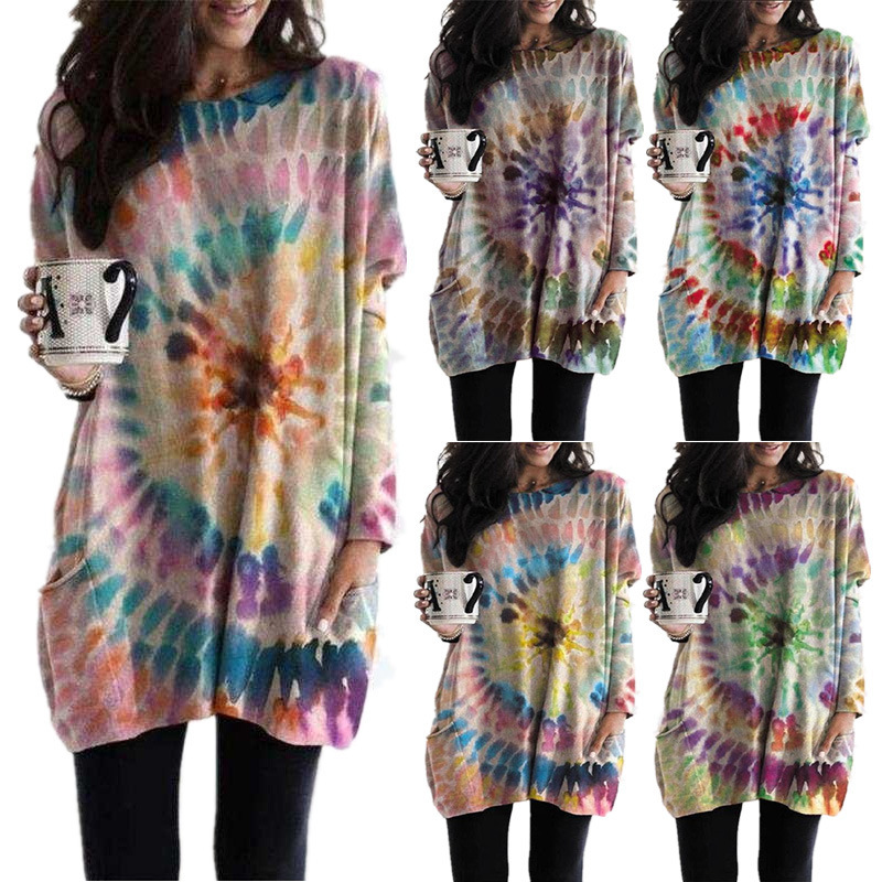 2021 autumn and winter New Amazon wish European and American cross-border Women's printed spiral bat sleeve sweater dress for women