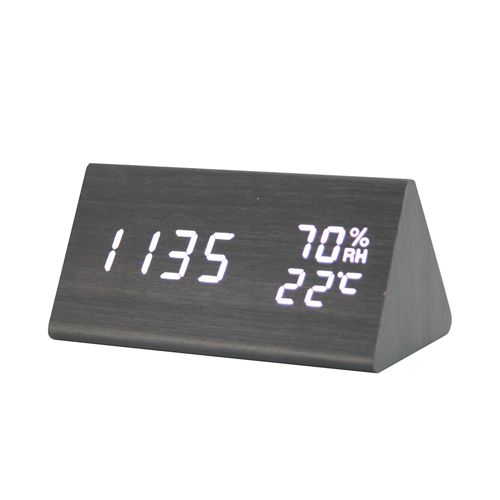 时尚温湿度闹钟 创意LED三角形数字木头钟学生礼品电子时钟