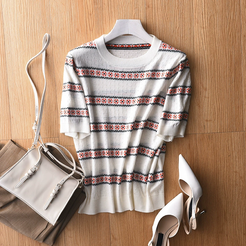 Гонконг Райс [Хорошее качество повторных клиентов] с коротким рукавом вязаный Топ женщин нежный ветер вязаный свитер