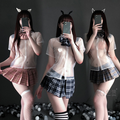 幻情情趣内衣女性感透明情趣学生装露乳诱惑透视格子情趣制服套装|ms