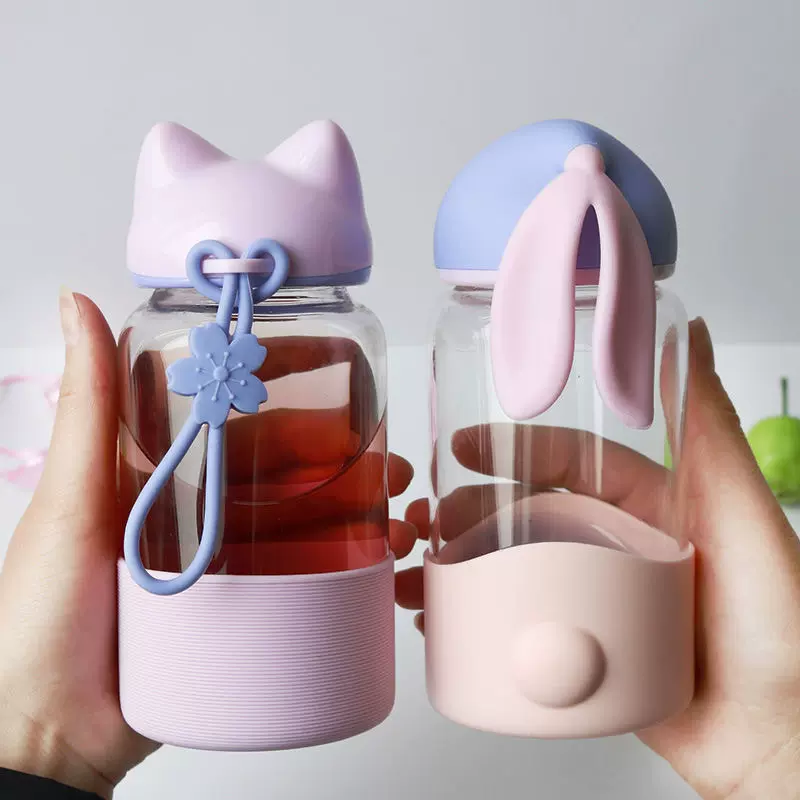 尘客狐狸兔子玻璃杯女便携学生水杯韩版小容量茶水分离网红抖音杯