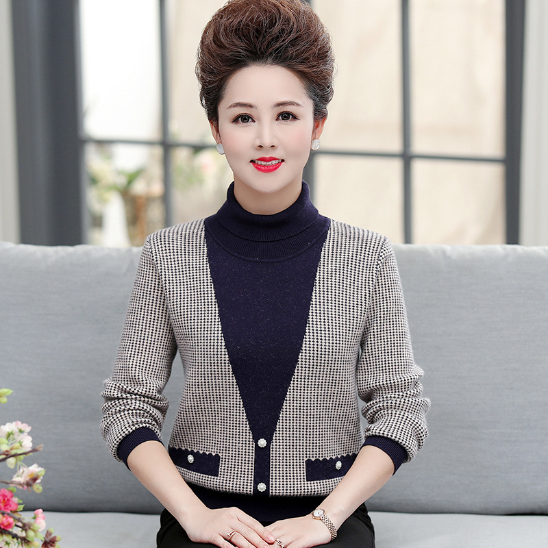 妈妈秋冬装高领毛衣中年大码女装洋气保暖上衣老年加厚打底针织衫