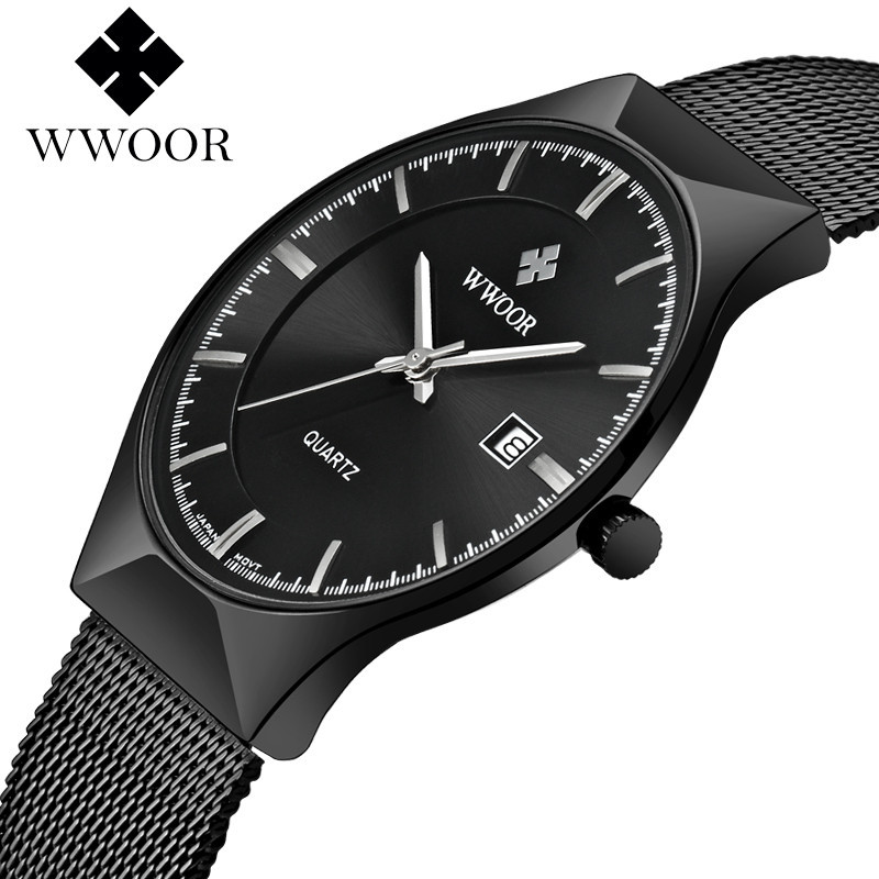 WWOOR Holding Love nuevo reloj de cuarzo de 3 pines para hombres de negocios calendario impermeable Milan Mesh Belt casual Bowl Watch 8016