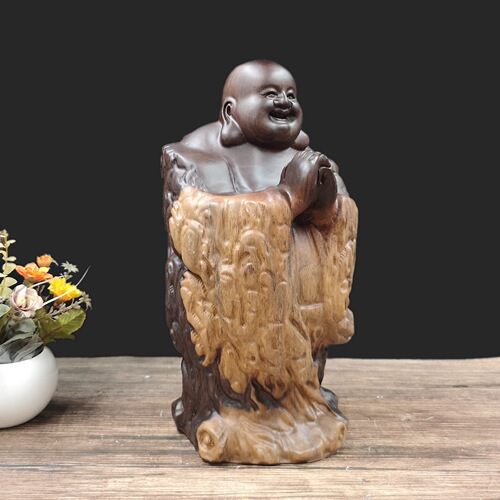 Black Sandalwood Fortune Bearer with Natural Skin, Maitreya Buddha Wood Carving Ornament, Handicraft Gift