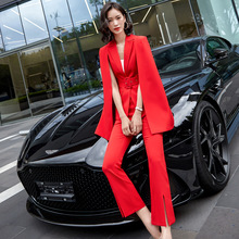红 色斗篷披肩小西装套装女秋冬款韩版黑色时尚修身职业装两
