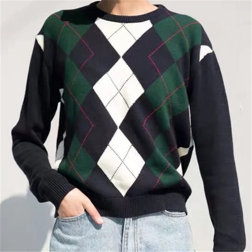 Diamond grid turtleneck sweater women's Instagram style casual blogger loose knit top versatile top