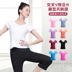 Adult yoga clothing tops short-sleeved aerobics tops running front cross exercise fitness T-shirt dance practice clothing