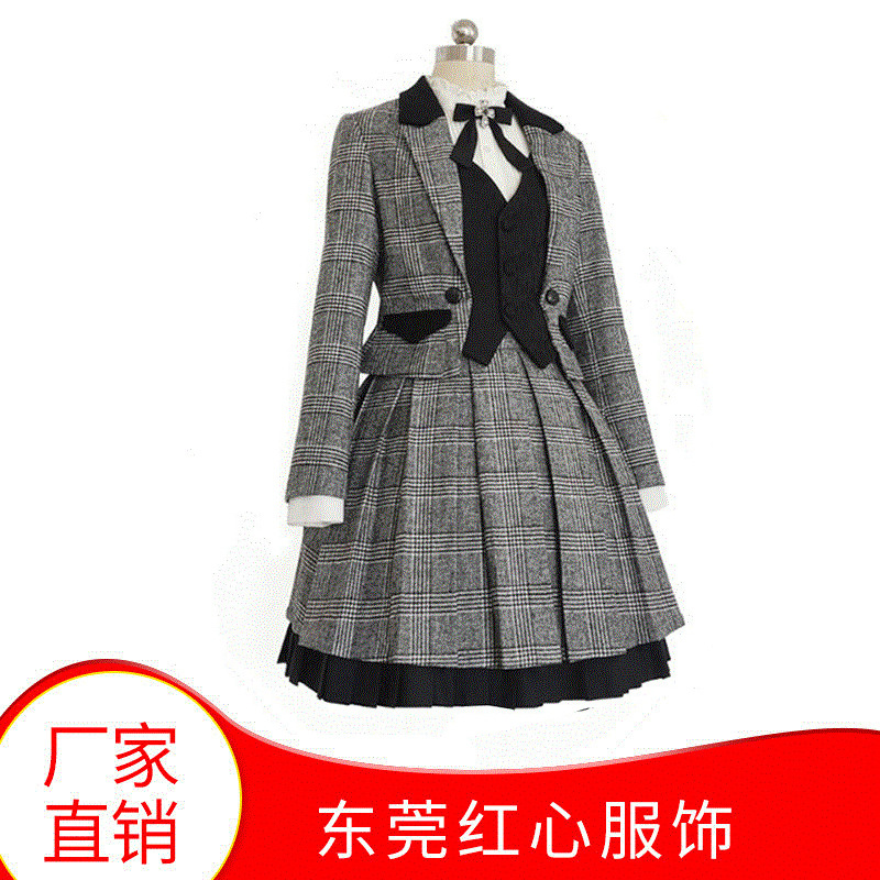 2020新款时尚西装格子长袖黑色三件套装短裙衬衫厂家现货一件代发