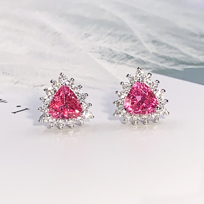 廠家直供18K白金鑲熱粉紅尖晶伴足反鑽石戴妃款耳釘 支持定制設計