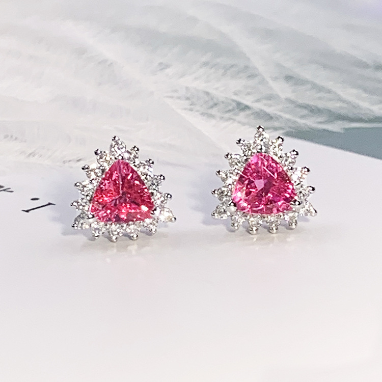 廠家直供18K白金鑲熱粉紅尖晶伴足反鑽石戴妃款耳釘 支持定制設計