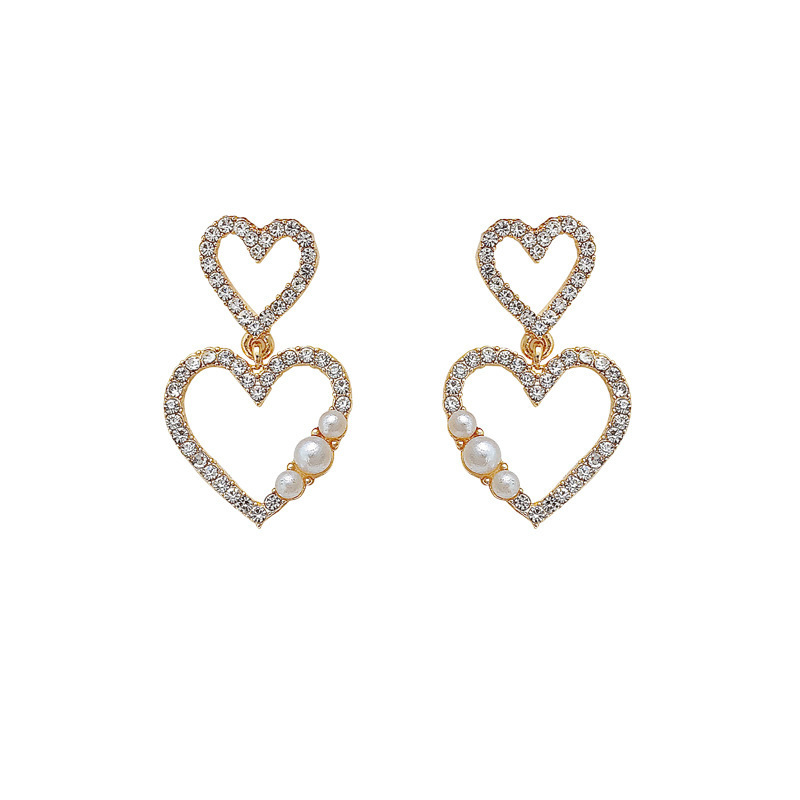 925 Silver Needle Fashion Korean Full Diamond Double Love Hollow Peach Heart Pearl New Trendy Earrings display picture 7