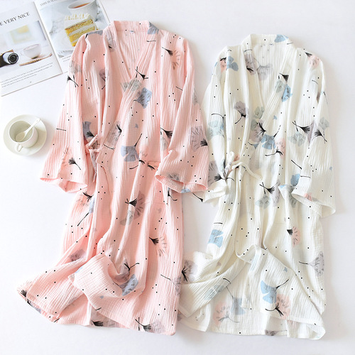 New Women's Summer Pure Cotton Hanfu Robe ⑨ Split Sleeve Japanese Double Layer Crepe Bath Robe 100% Cotton Sauna Pajamas