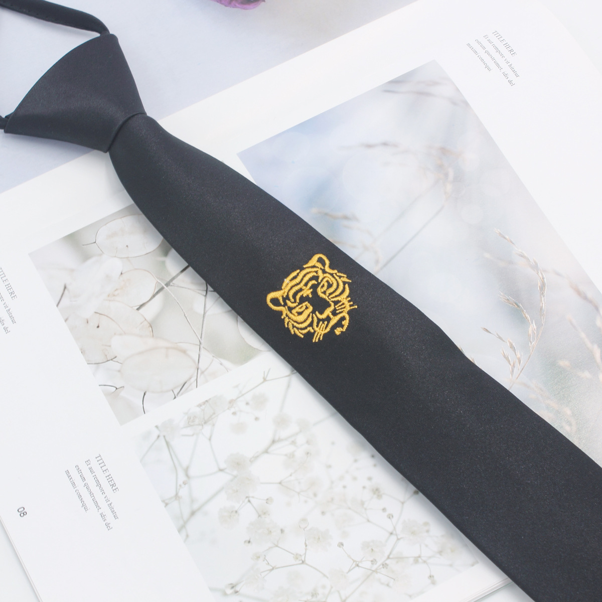 Corbata negra para hombre sin correa de cuerda moda negocios casual corbata profesional bordado personalizado