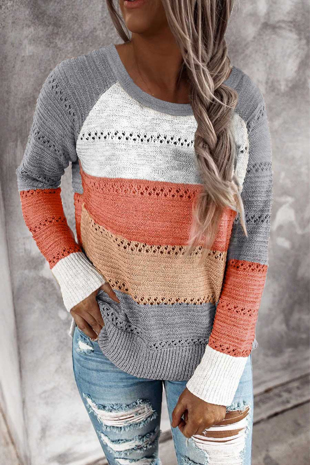 knitted long-sleeved loose fashion colorful striped round neck pullover ladies sweater  NSSI2473