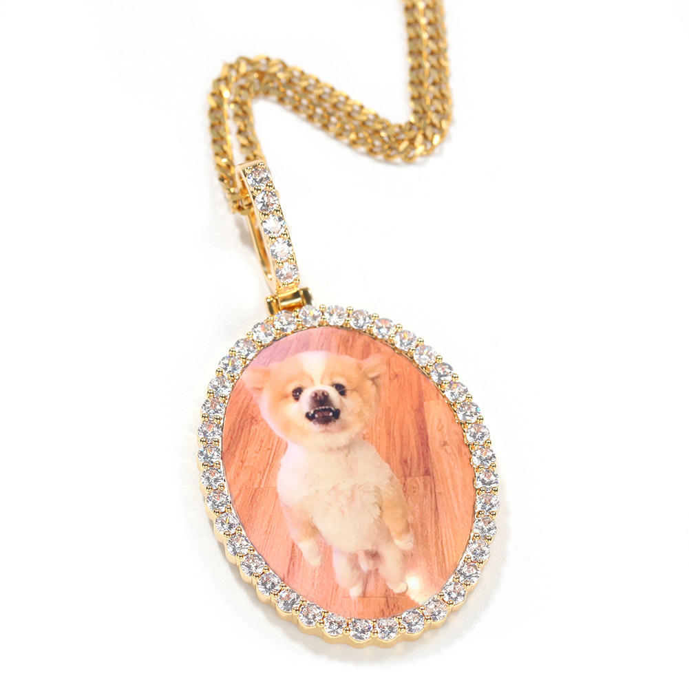 Collier photo Hip Hop plaqué or électrolytique ovale ensemble de diamants massifs pendentif accessoires de bijoux_voghion.com