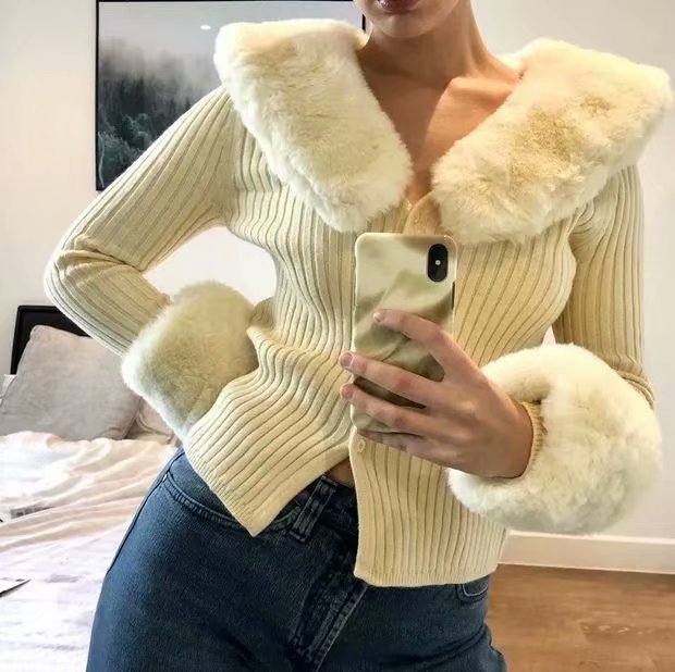 autumn retro detachable fur collar knitted pit stripe thread rabbit fur sweater cardigan NSAM5543