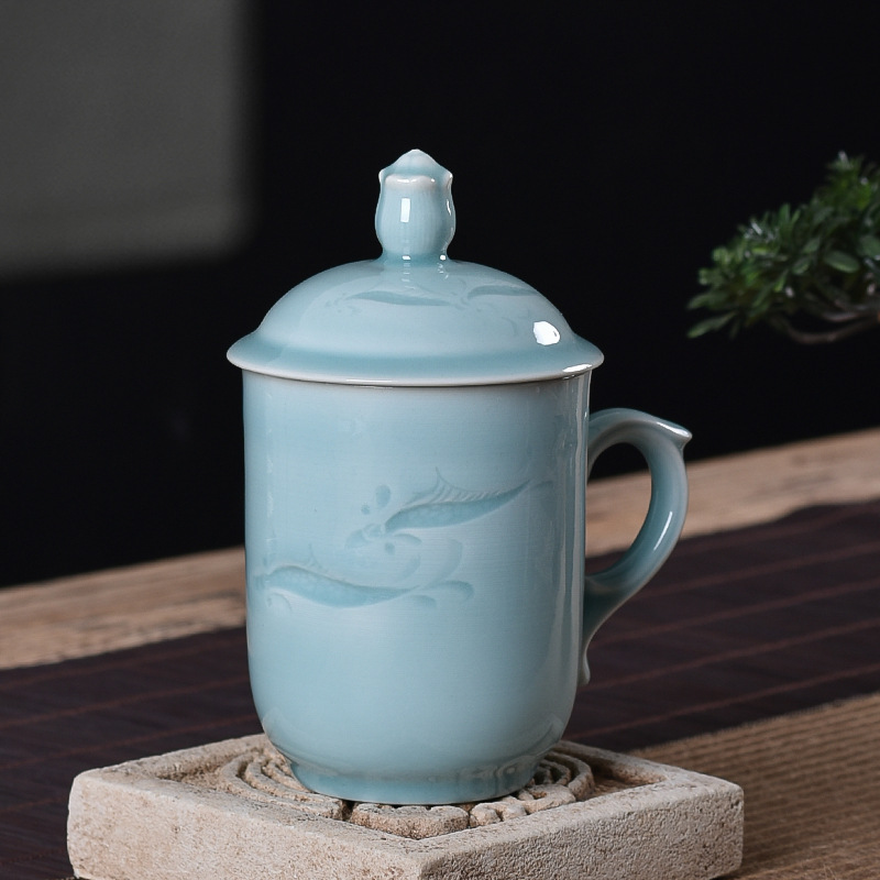 巧陶大师李茂林青瓷手工茶杯陶瓷带盖大号领导办公会议礼品水杯子|ms